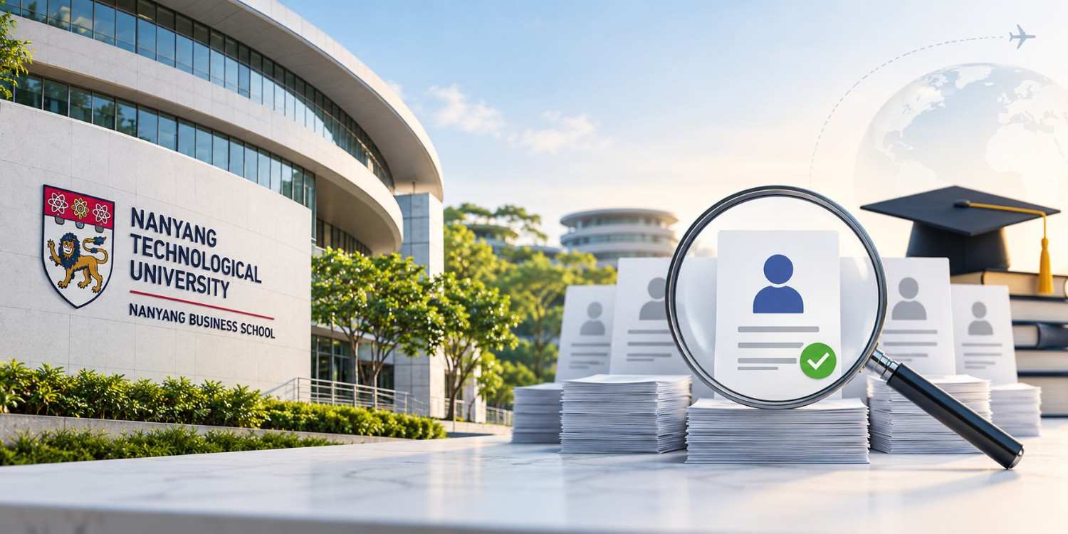 Nanyang Technological University campus with MBA applicant profiles, selection documents, magnifying glass, graduation cap and global education symbols representing Nanyang MBA admissions.